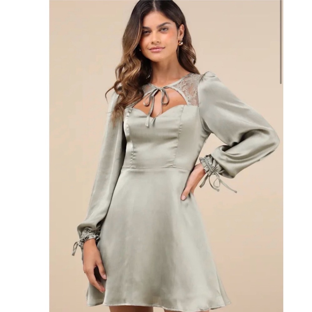Lulus Sage Green Satin Lace Yoke Long Sleeve Mini Dress XL Sweetheart Keyhole